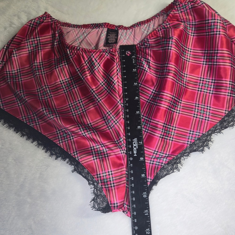Red Plaid Satin Pajama Shorts with Black Eyelash Lace Trim Sleepwear Loungewear - Picture 3 of 5